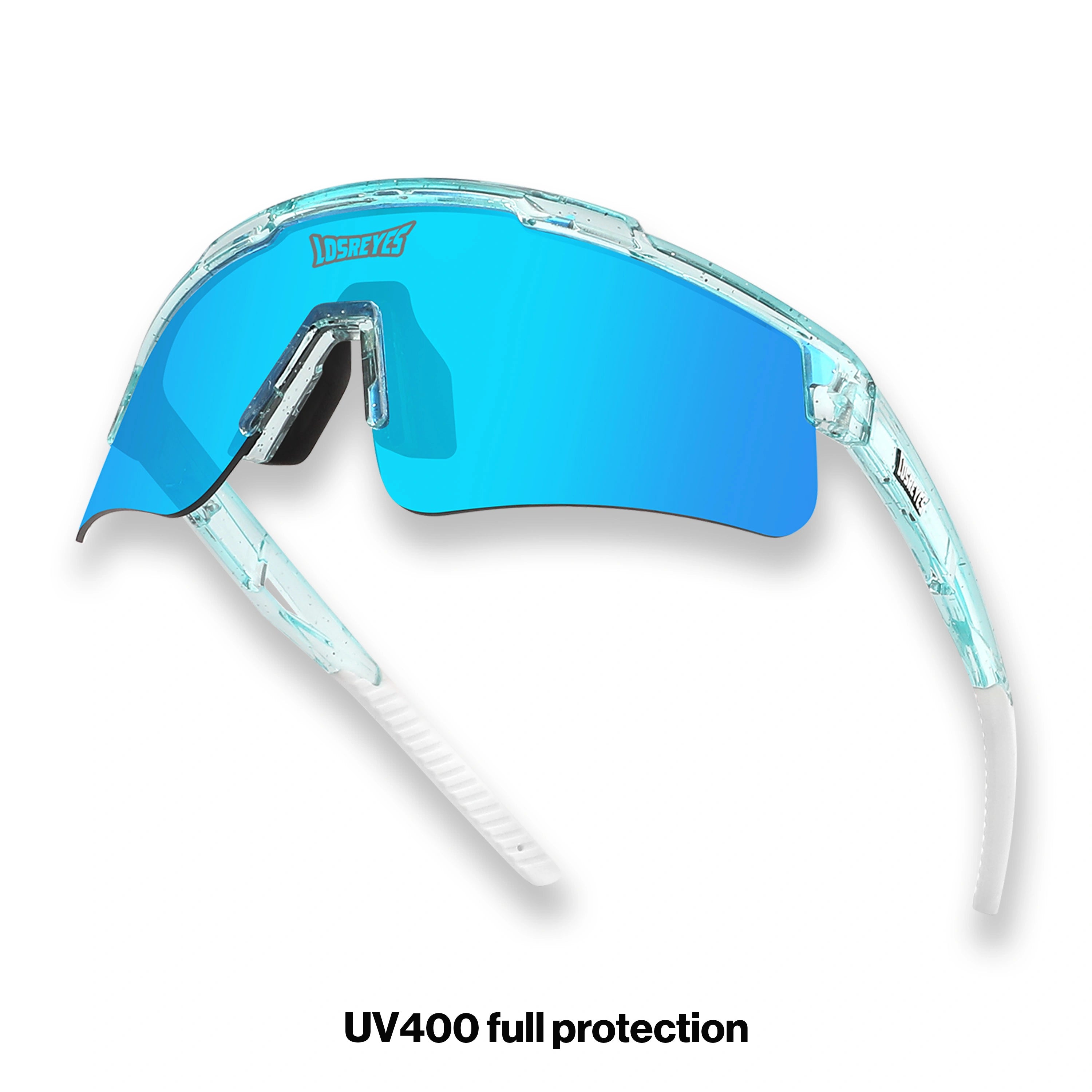 Hero angle of LosReyes Prime Galaxy Uranus mirrored blue performance sunglasses with aerodynamic lens, ventilated nose grip, and clear polycarbonate frame for high-speed activities.