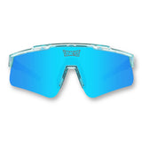 Front view of LosReyes Prime Galaxy Uranus blue sports sunglasses featuring mirrored wraparound lens, transparent frame, and UV400 shield protection for athletic performance.
