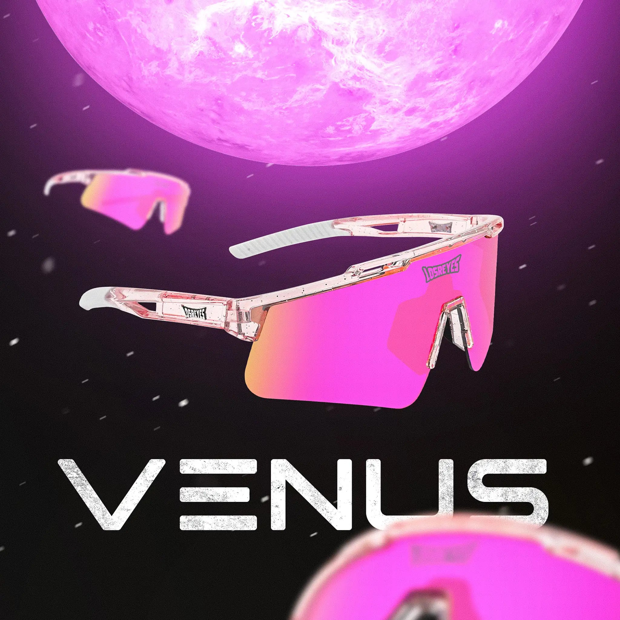 Promotional graphic of LosReyes Prime Galaxy Venus sunglasses in space theme with pink mirrored lenses and cosmic energy, highlighting their futuristic design and performance.