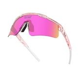 Hero angle of LosReyes Prime Galaxy Venus sports sunglasses with vibrant pink mirrored lenses, lightweight clear frame, and aerodynamic wraparound design.