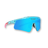 Front view of LosReyes Prime Galaxy Vice sports sunglasses featuring an ice blue mirrored shield lens, transparent aqua frame with pink temple tips, aerodynamic wraparound fit, and UV400 protection for high-performance training, baseball, and outdoor sports