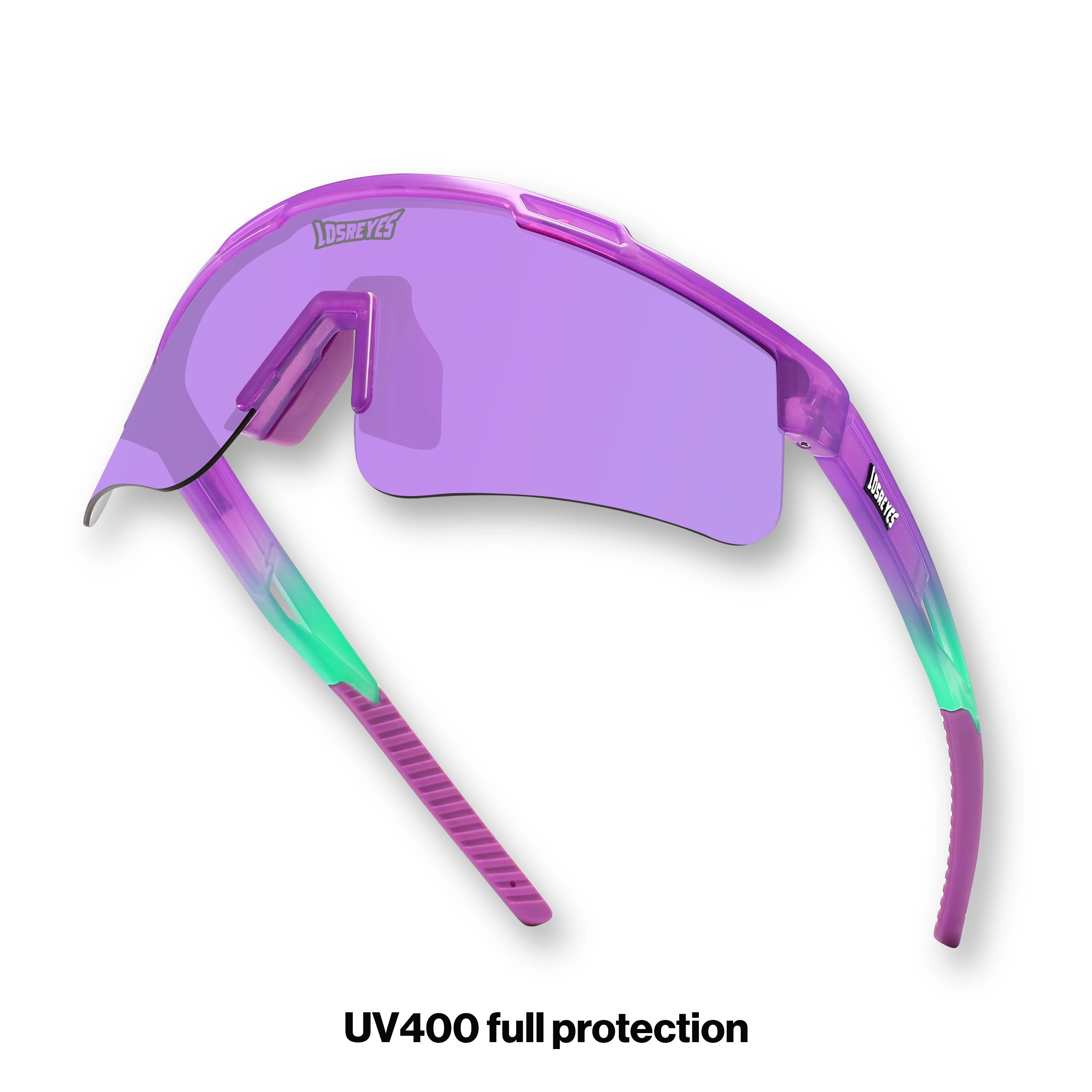 Hero angle of LosReyes Prime Jurassic Brontosaurus purple performance sunglasses with mirrored wrap lens, ombré green-to-pink temple arms, and aerodynamic shield design for elite training, baseball, and cycling.
