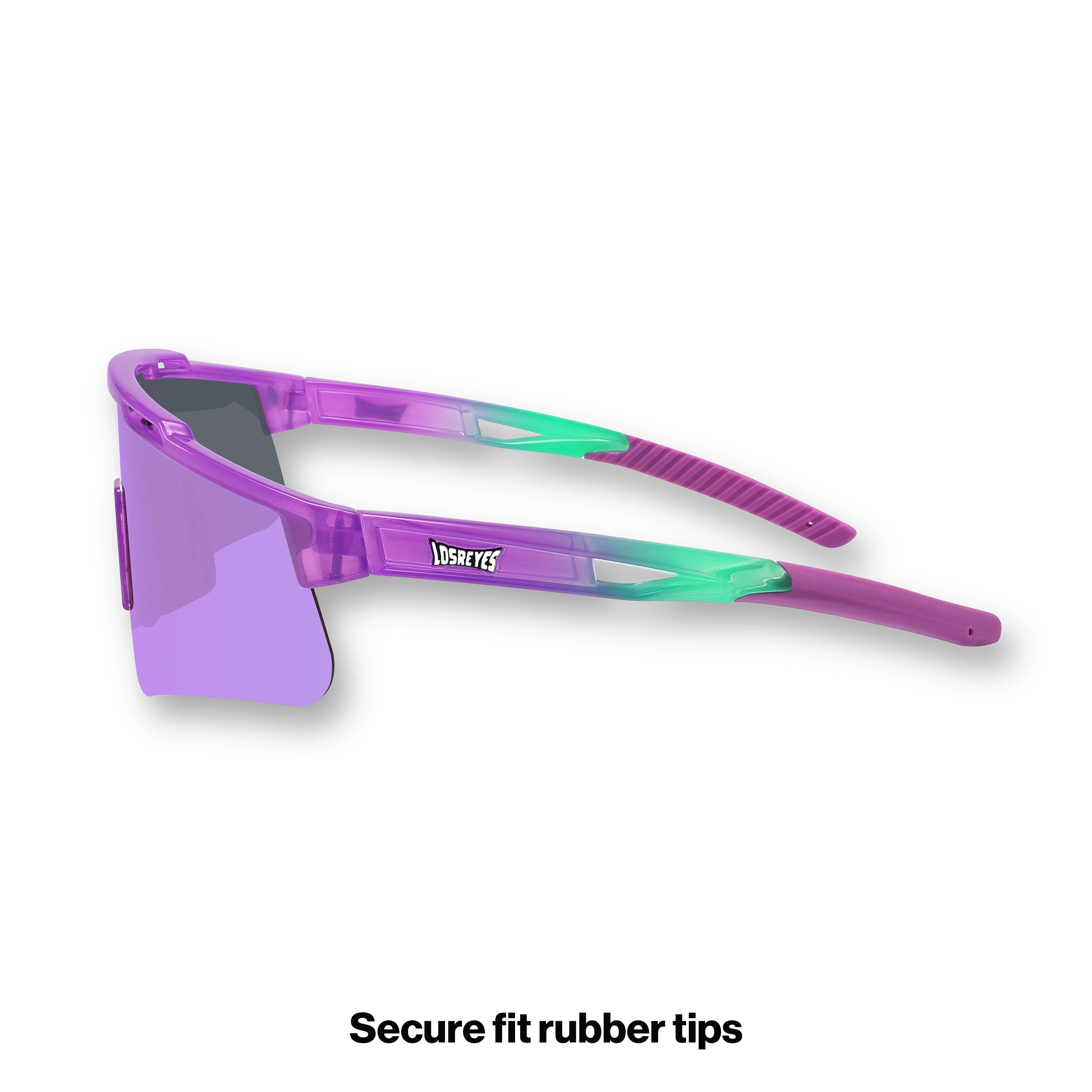 Side profile of LosReyes Prime Jurassic Brontosaurus athletic sunglasses with translucent purple and green frame, soft-grip rubber ear tips, and high-contrast shield lens ideal for youth athletes and fast-action sports.