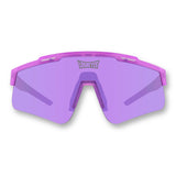 Front view of LosReyes Prime Jurassic Brontosaurus sunglasses in vibrant purple with a full-shield wraparound lens, bold futuristic frame, and lightweight UV400 sports protection built for high-speed athletic performance.