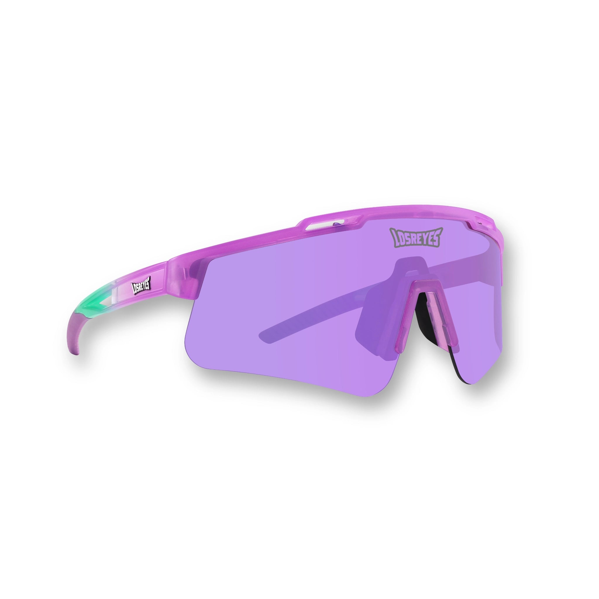 Hero angle of LosReyes Prime Jurassic Brontosaurus sports sunglasses featuring a vibrant translucent purple frame, wide purple wraparound shield lens, aerodynamic design, and UV400 protection for dynamic athletic performance and sun defense