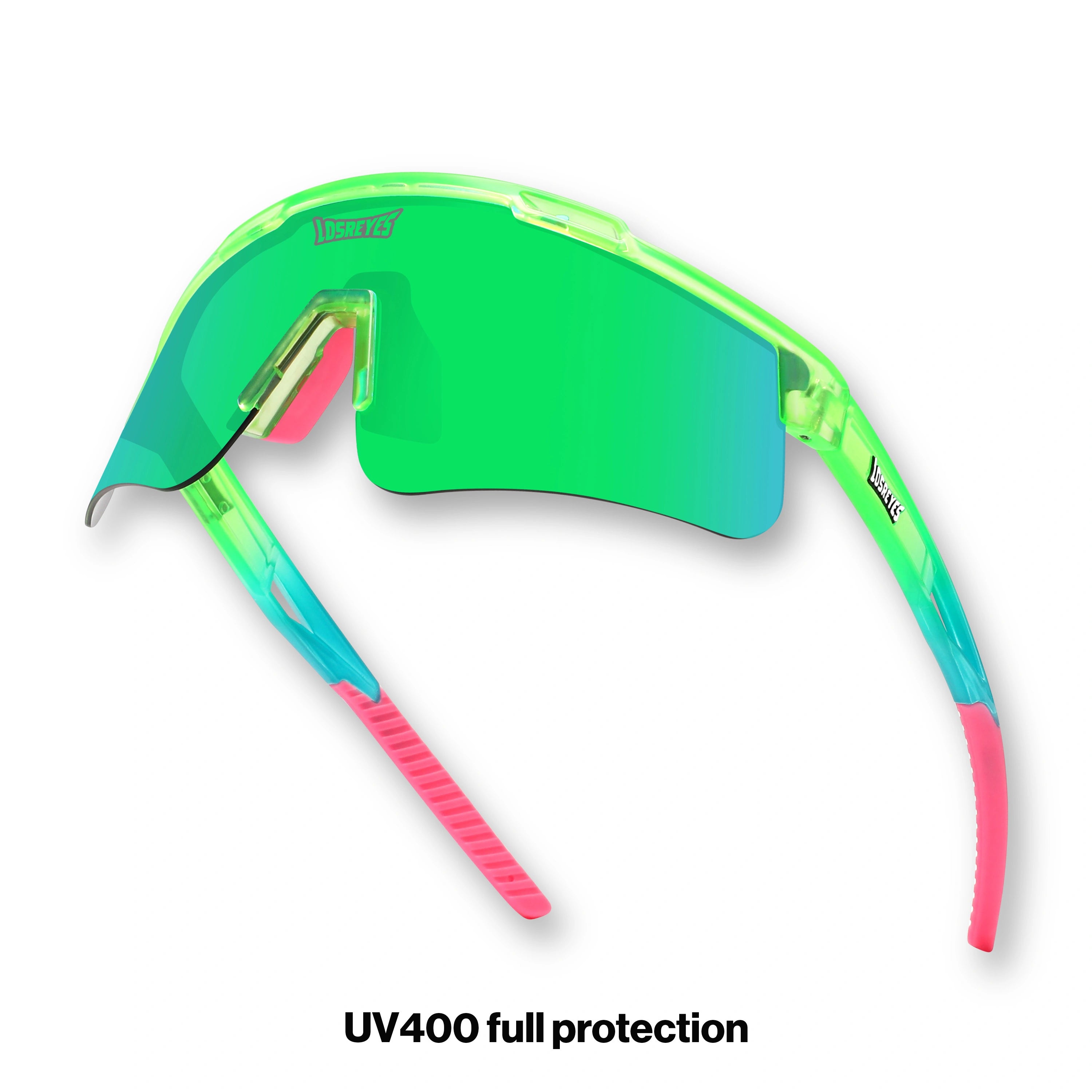 Hero angle of LosReyes Prime Jurassic Pterodactyl athletic sunglasses with a transparent green-blue performance frame, panoramic mirrored lens, and sport-optimized nose grip.