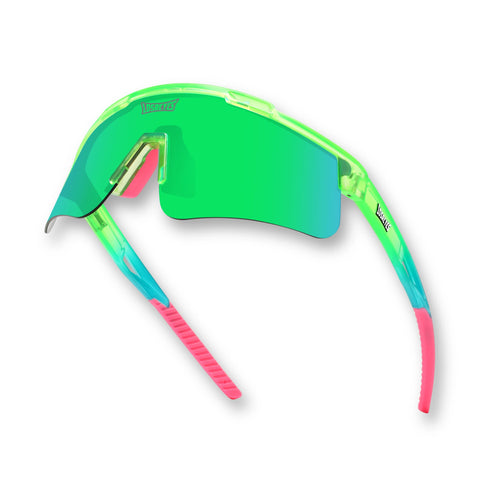 Hero angle of LosReyes Prime Jurassic Pterodactyl athletic sunglasses with a transparent green-blue performance frame, panoramic mirrored lens, and sport-optimized nose grip.