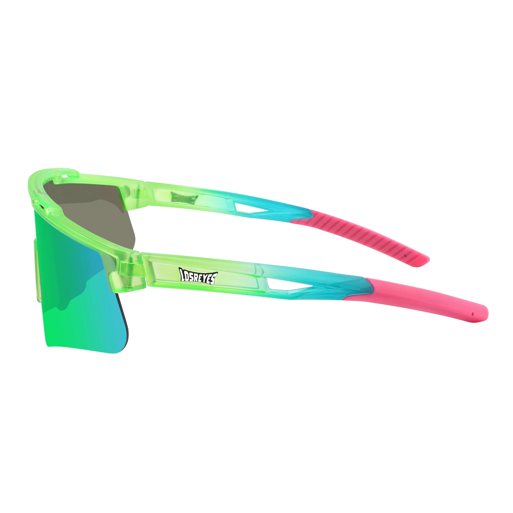 Side profile of LosReyes Prime Jurassic Pterodactyl sport wraparound sunglasses showing fade-blend temples, mirrored UV lens, and sculpted arms built for speed and comfort.