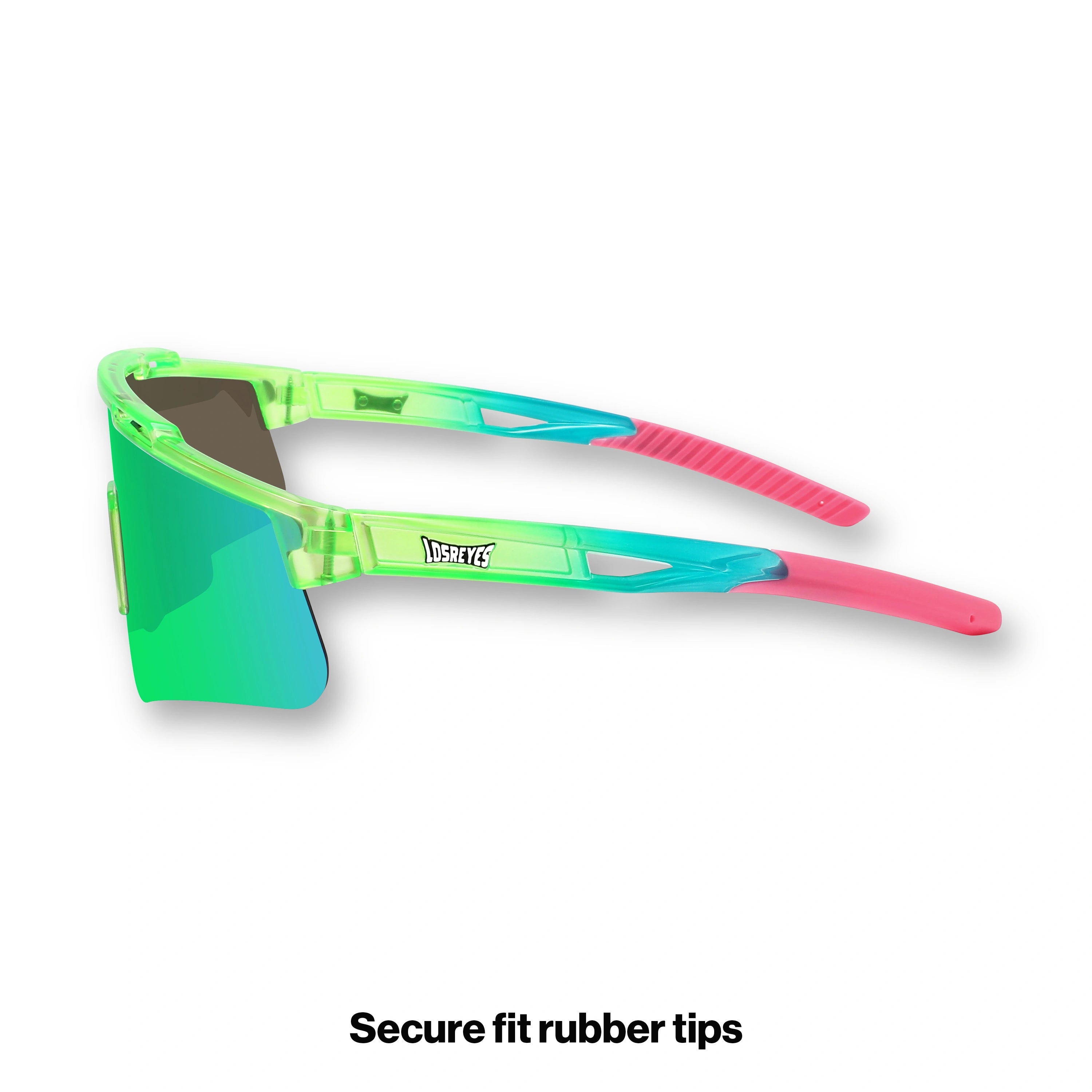Side profile of LosReyes Prime Jurassic Pterodactyl sport wraparound sunglasses showing fade-blend temples, mirrored UV lens, and sculpted arms built for speed and comfort.