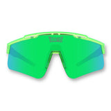 Front view of LosReyes Prime Jurassic Pterodactyl green and blue wraparound sports sunglasses with mirrored shield lens, lightweight fit, and UV400 sun protection for high-speed performance.