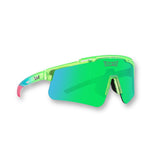 Hero view of LosReyes Prime Jurassic Pterodactyl sports sunglasses featuring a translucent neon green frame, vibrant green mirrored wraparound lens, aerodynamic shield design, and UV400 protection ideal for outdoor sports and high-speed training