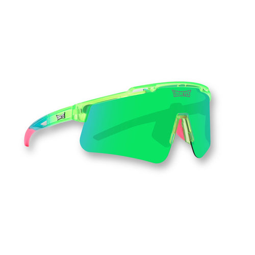 Hero view of LosReyes Prime Jurassic Pterodactyl sports sunglasses featuring a translucent neon green frame, vibrant green mirrored wraparound lens, aerodynamic shield design, and UV400 protection ideal for outdoor sports and high-speed training