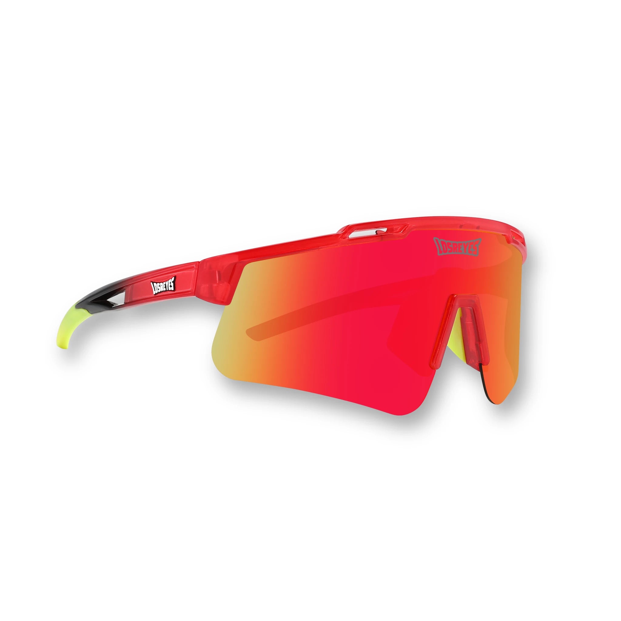 Hero view of LosReyes Prime Jurassic T-Rex sports sunglasses with a translucent red frame, fiery mirrored shield lens, wraparound design, and UV400 protection built for high-speed action, field sports, and outdoor training