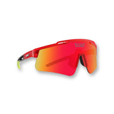 Hero view of LosReyes Prime Jurassic T-Rex sports sunglasses with a translucent red frame, fiery mirrored shield lens, wraparound design, and UV400 protection built for high-speed action, field sports, and outdoor training