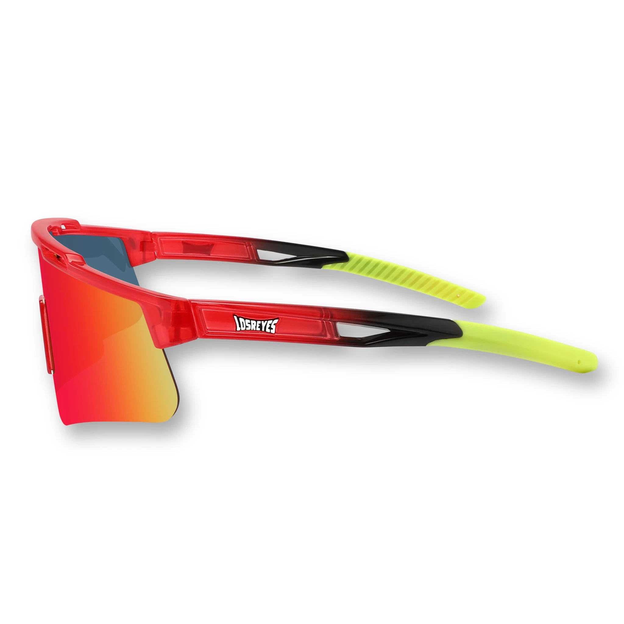 Side profile of LosReyes Prime Jurassic T-Rex red shield sunglasses showing curved sport temples, gradient lens reflection, and ventilation-ready frame for intense outdoor play.