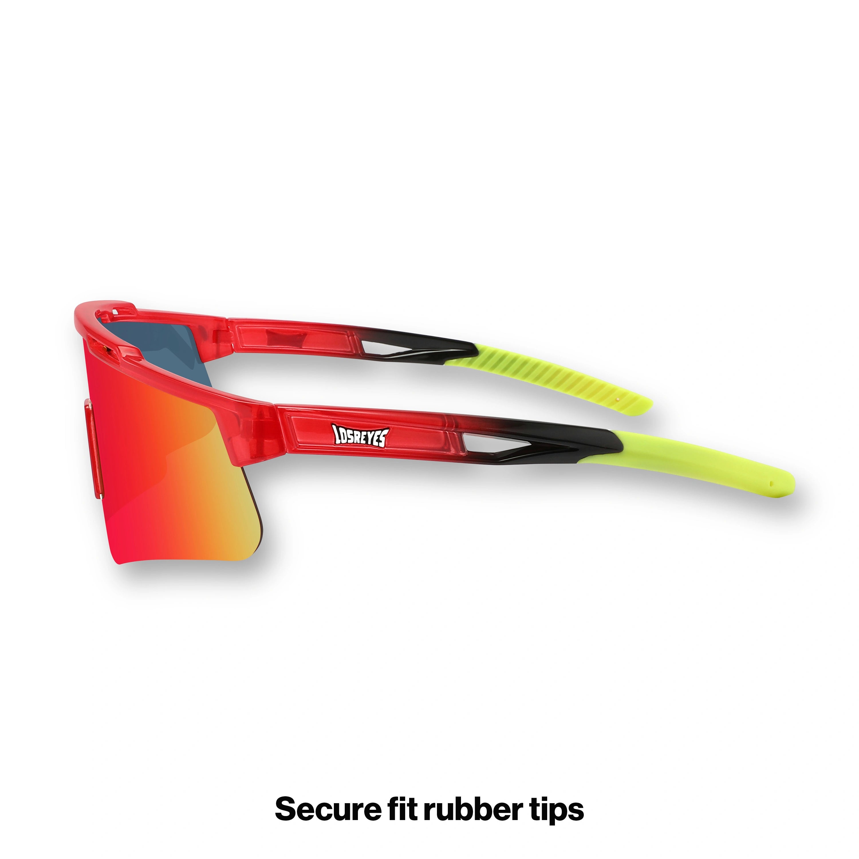 Side profile of LosReyes Prime Jurassic T-Rex red shield sunglasses showing curved sport temples, gradient lens reflection, and ventilation-ready frame for intense outdoor play.
