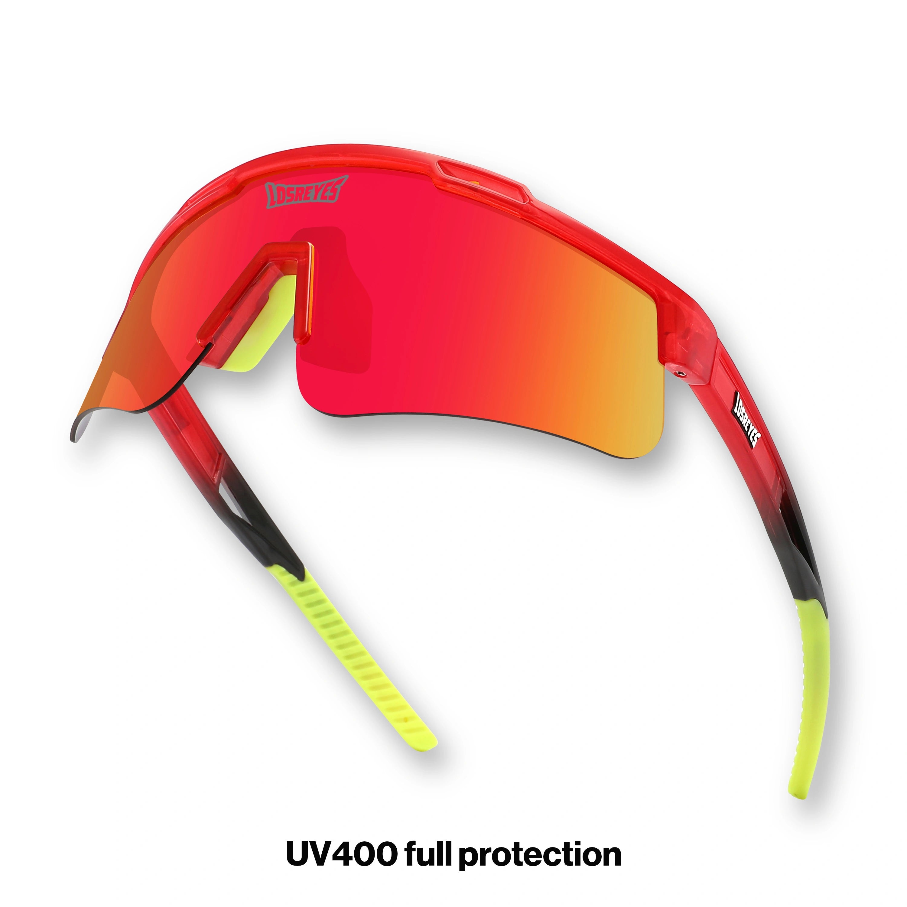 Hero angle of LosReyes Prime Jurassic T-Rex sunglasses in red with wraparound shield design, high-performance mirrored lens, and anti-slip grips for athletic versatility.