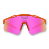 Front view of LosReyes Prime Jurassic Triceratops sunglasses in orange and pink, featuring mirrored shield lenses, UV400 protection, and full-wrap athletic design.