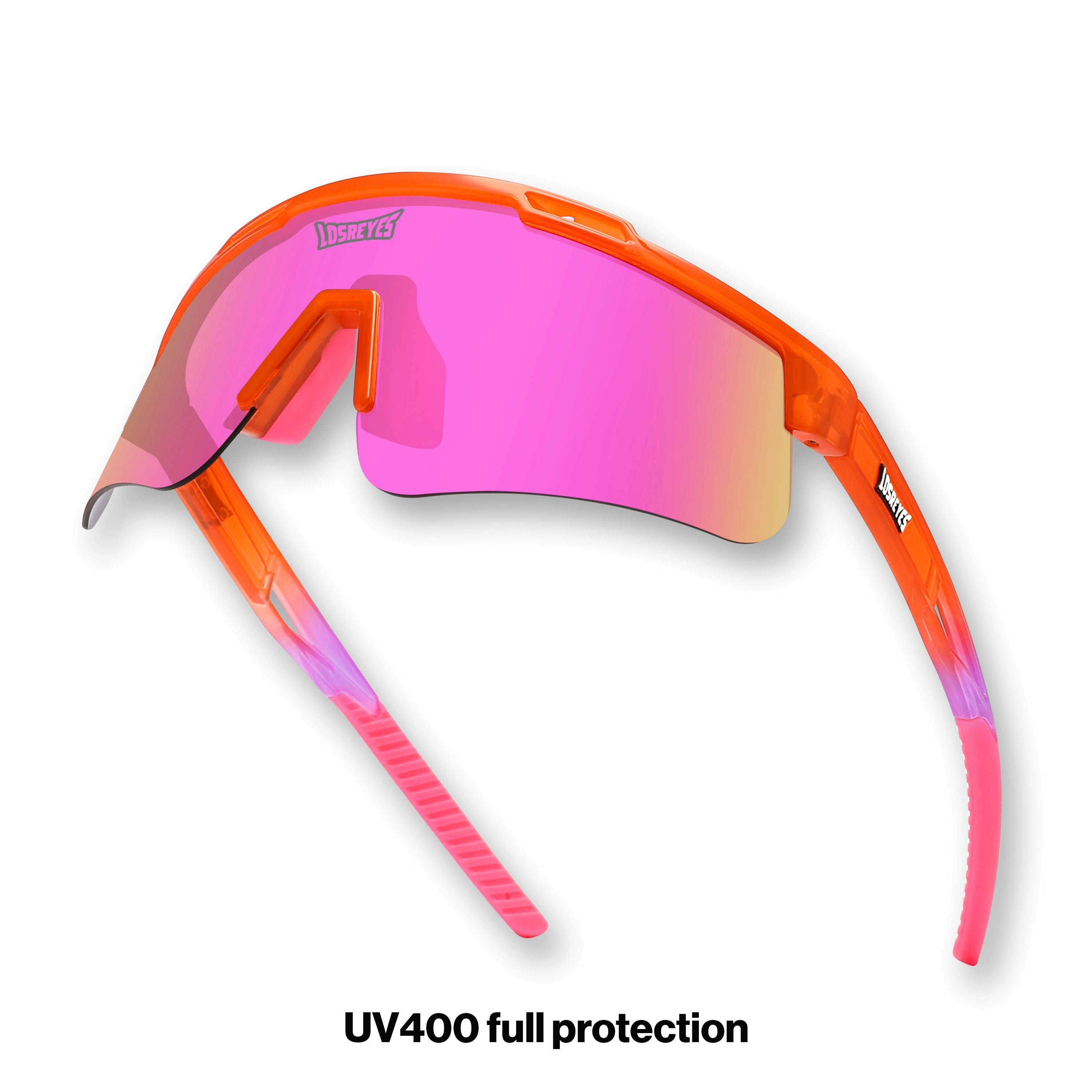 Hero angle of LosReyes Prime Jurassic Triceratops performance sunglasses with orange-pink gradient frame and mirrored wraparound lenses ideal for sports training and high-speed play.