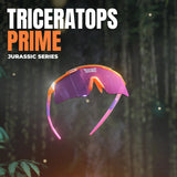 Triceratops Prime sports sunglasses with a fully interchangeable pink-purple shield lens system, made for multi-sport athletes switching between training environments.