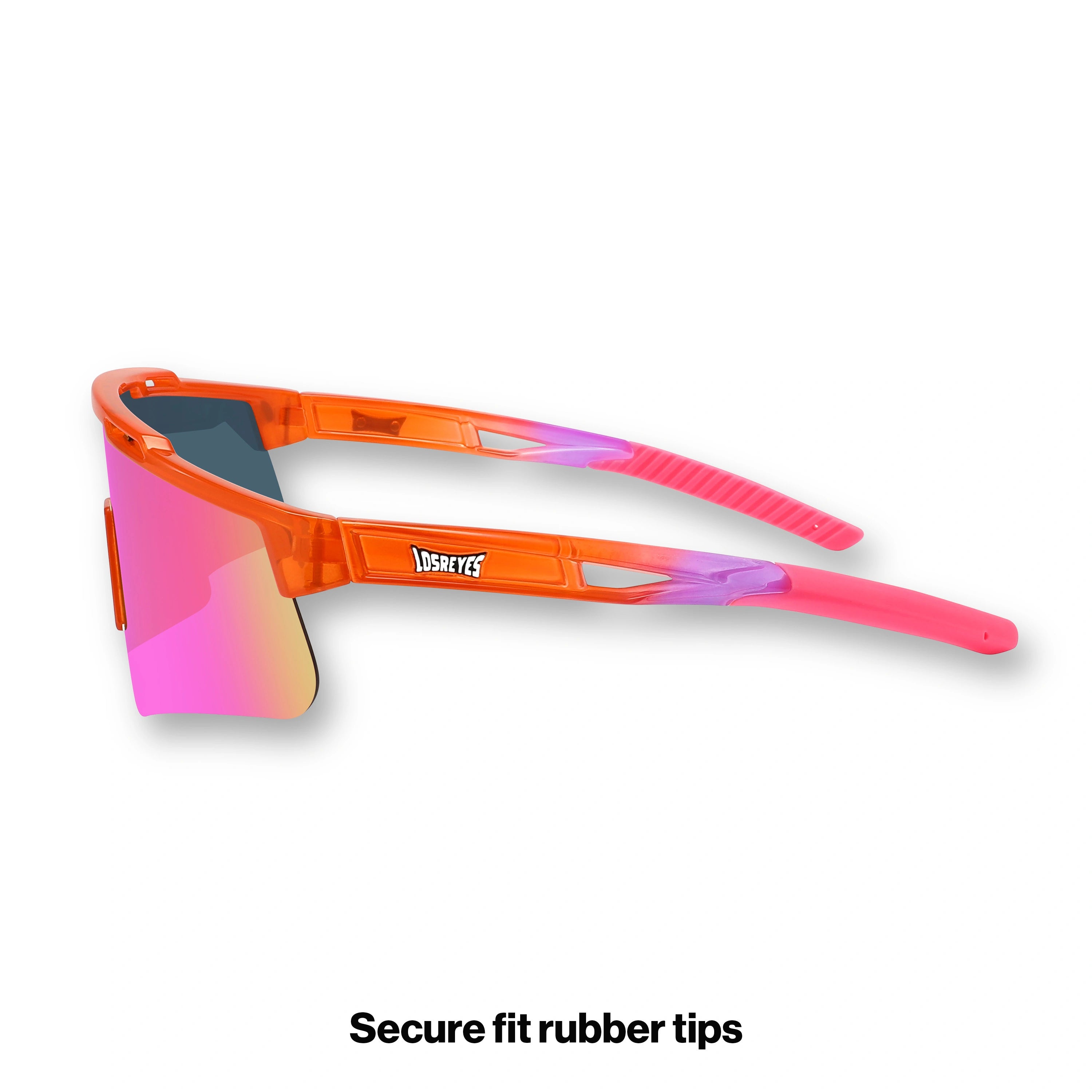 Side profile of LosReyes Prime Jurassic Triceratops sunglasses showing aerodynamic arms, lightweight construction, and high-grip tips designed for youth athletics.