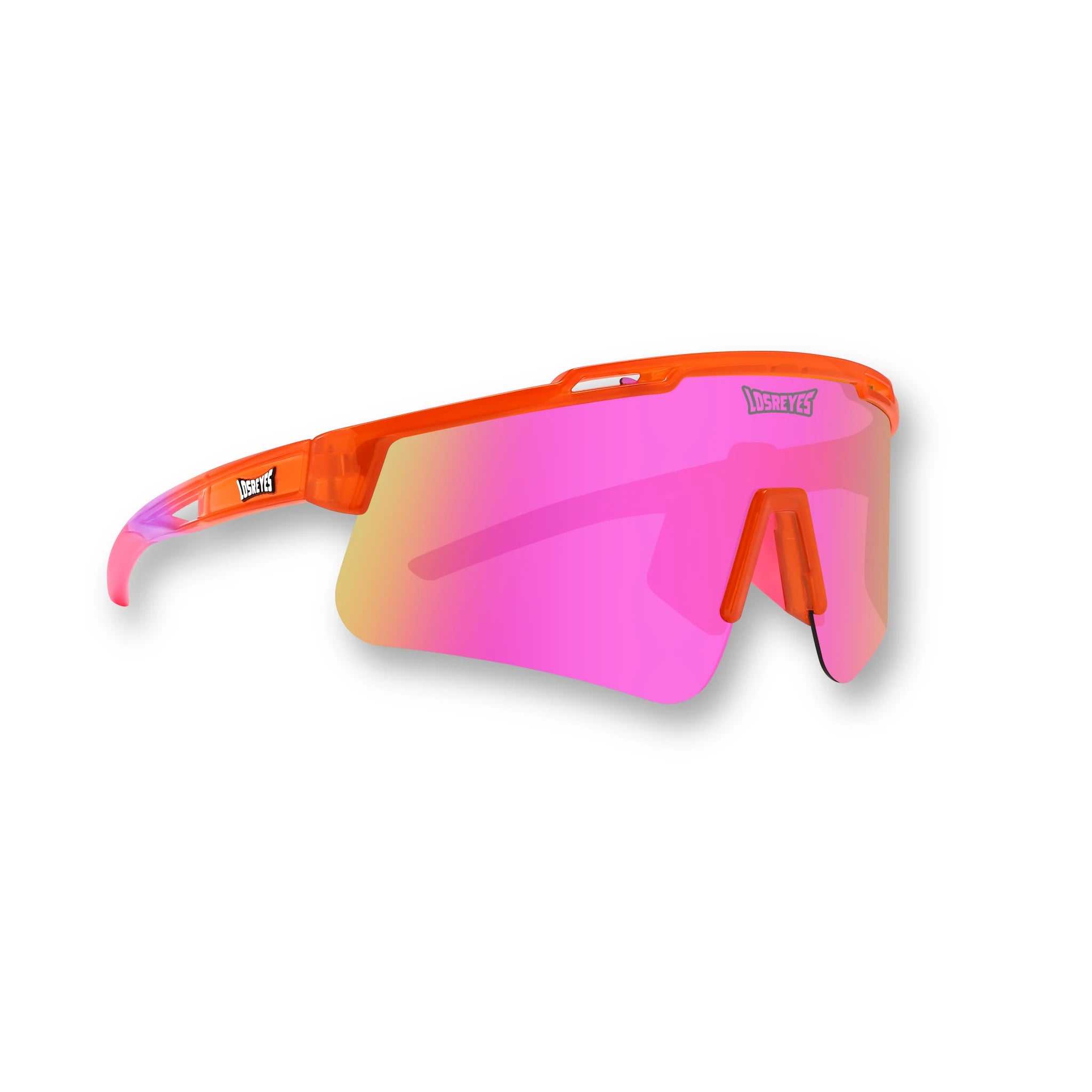 Hero angle of LosReyes Prime Jurassic Triceratops sports sunglasses featuring a bold translucent orange frame with pink mirrored shield lens, UV400 protection, and a wraparound design built for high-performance action sports and outdoor adventures