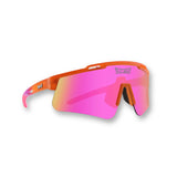Hero angle of LosReyes Prime Jurassic Triceratops sports sunglasses featuring a bold translucent orange frame with pink mirrored shield lens, UV400 protection, and a wraparound design built for high-performance action sports and outdoor adventures