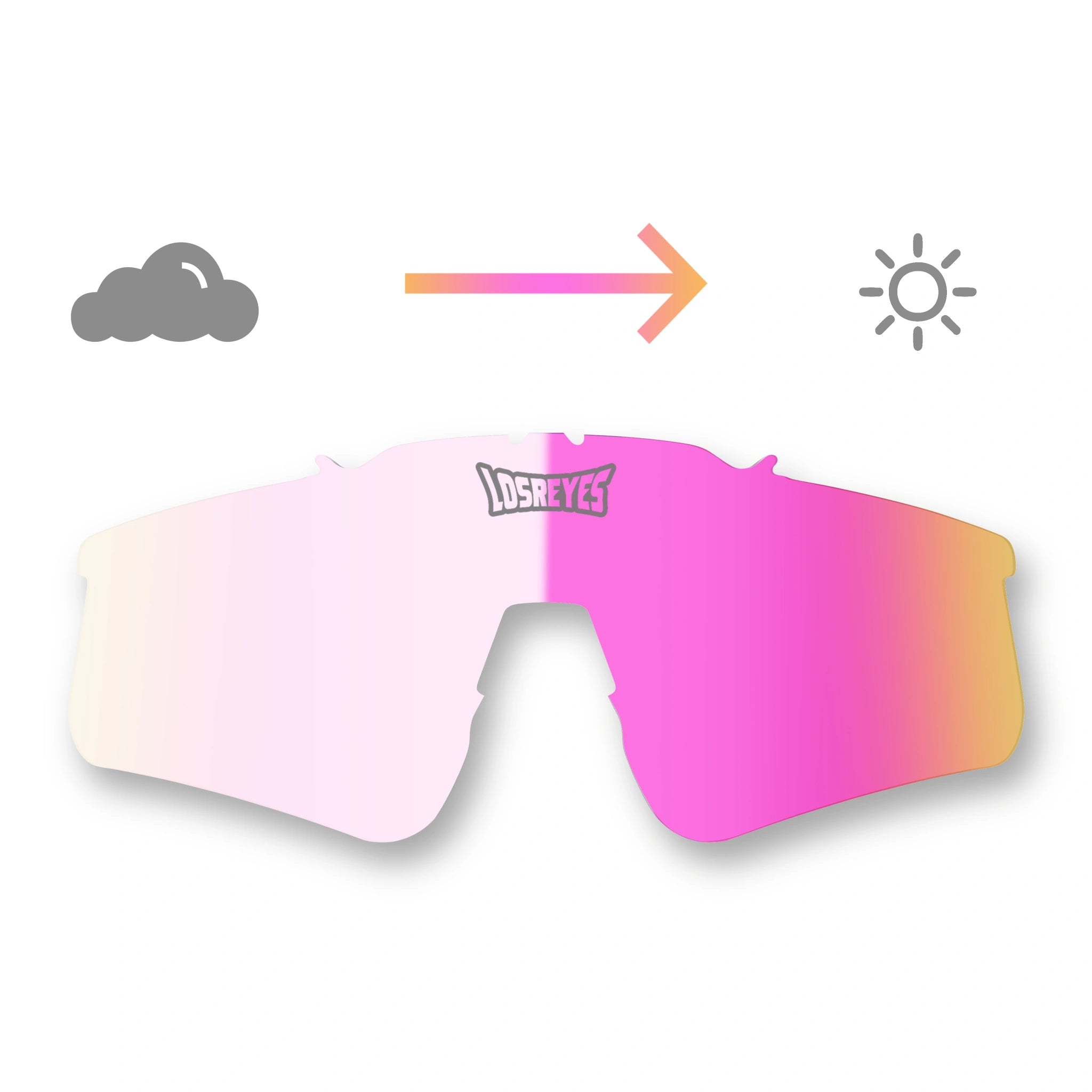 LosReyes PRIME photochromic pink replacement lens that adapts from low light to bright sun with UV400 protection