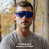 Close-up of a man wearing LosReyes PRIME Polarized sunglasses with black frame and blue mirror lens, mens polarized outdoor sunglasses