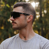 LosReyes Prime Polarized Black sunglasses offering full-shield glare protection; versatile sports eyewear for cross-training, biking, and everyday active wear.