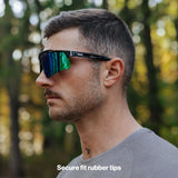 Man wearing LosReyes PRIME Polarized sunglasses with black frame and green mirror lens, side profile view with secure-fit rubber tips