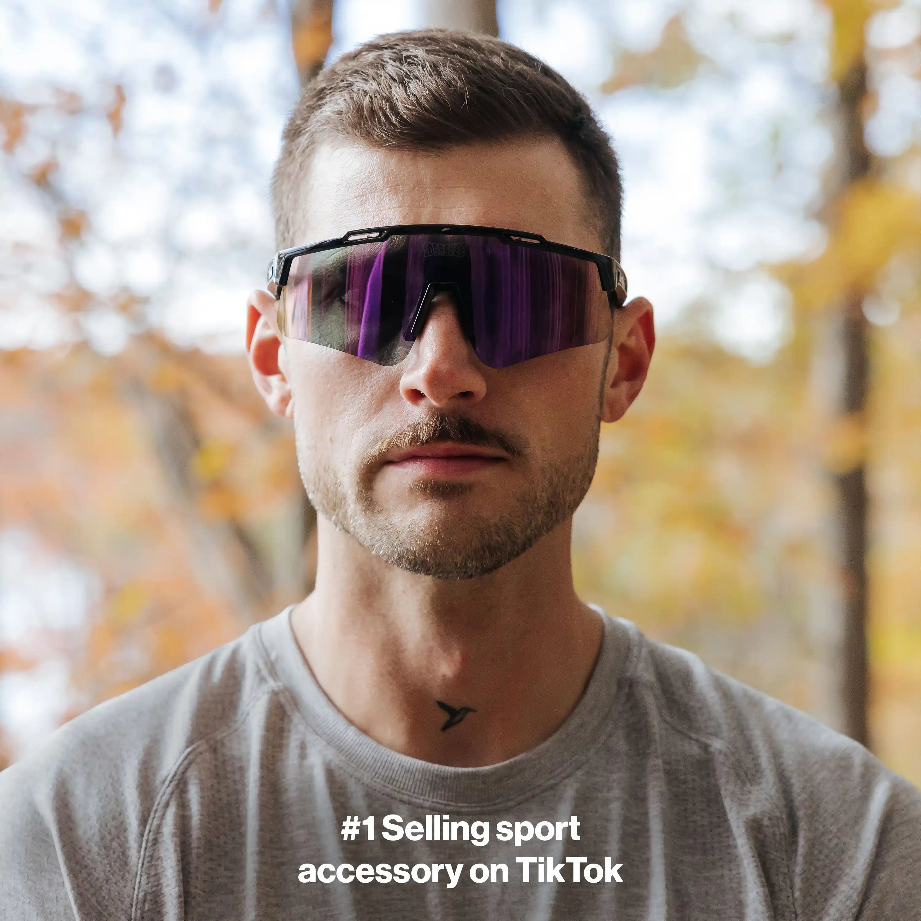 Man wearing LosReyes PRIME Polarized sunglasses with black frame and purple mirror lens, front view outdoors, mens polarized sport sunglasses