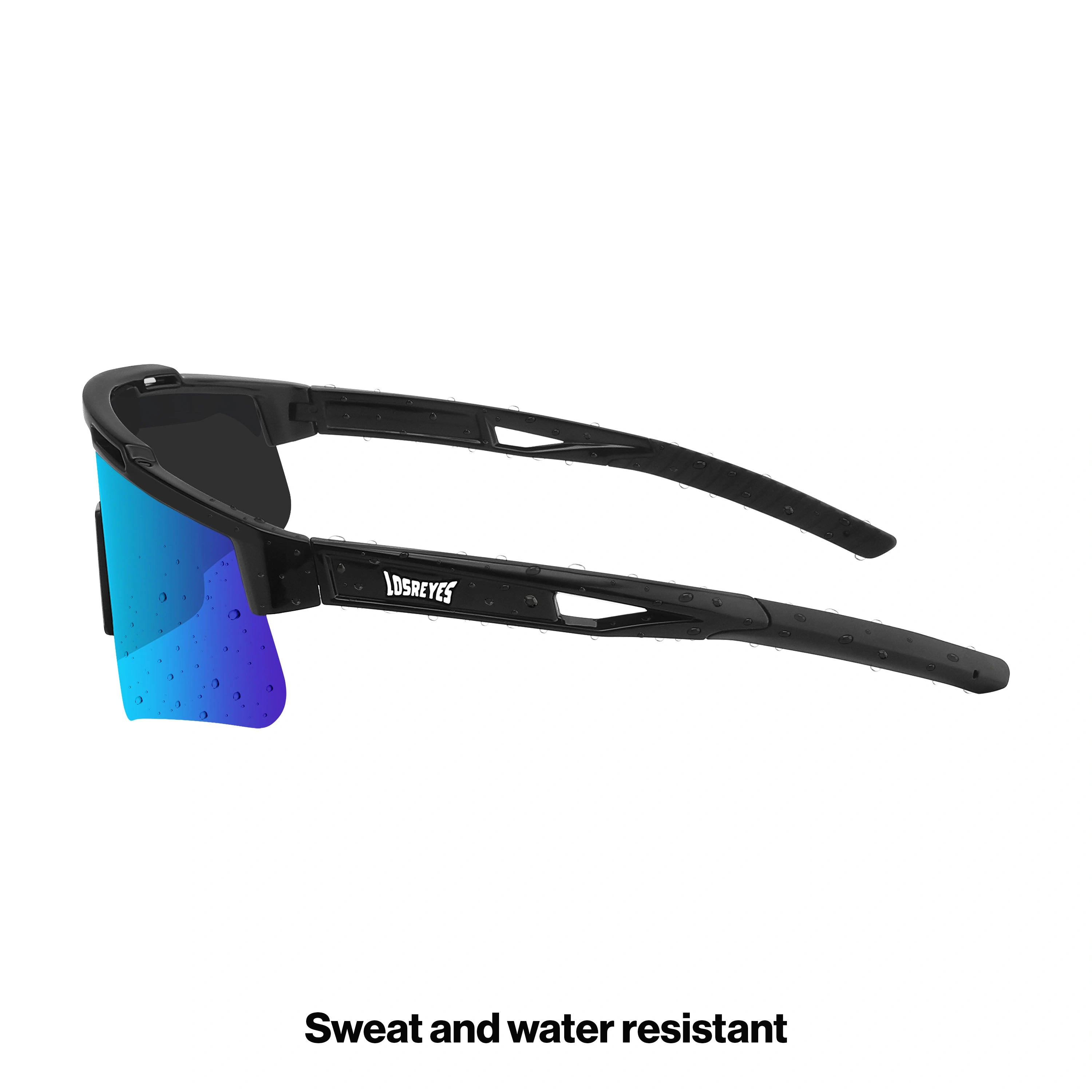 Side view of LosReyes Prime Polarized Blue wraparound sunglasses with polarized lens technology and lightweight aerodynamic black frame for training and field use.