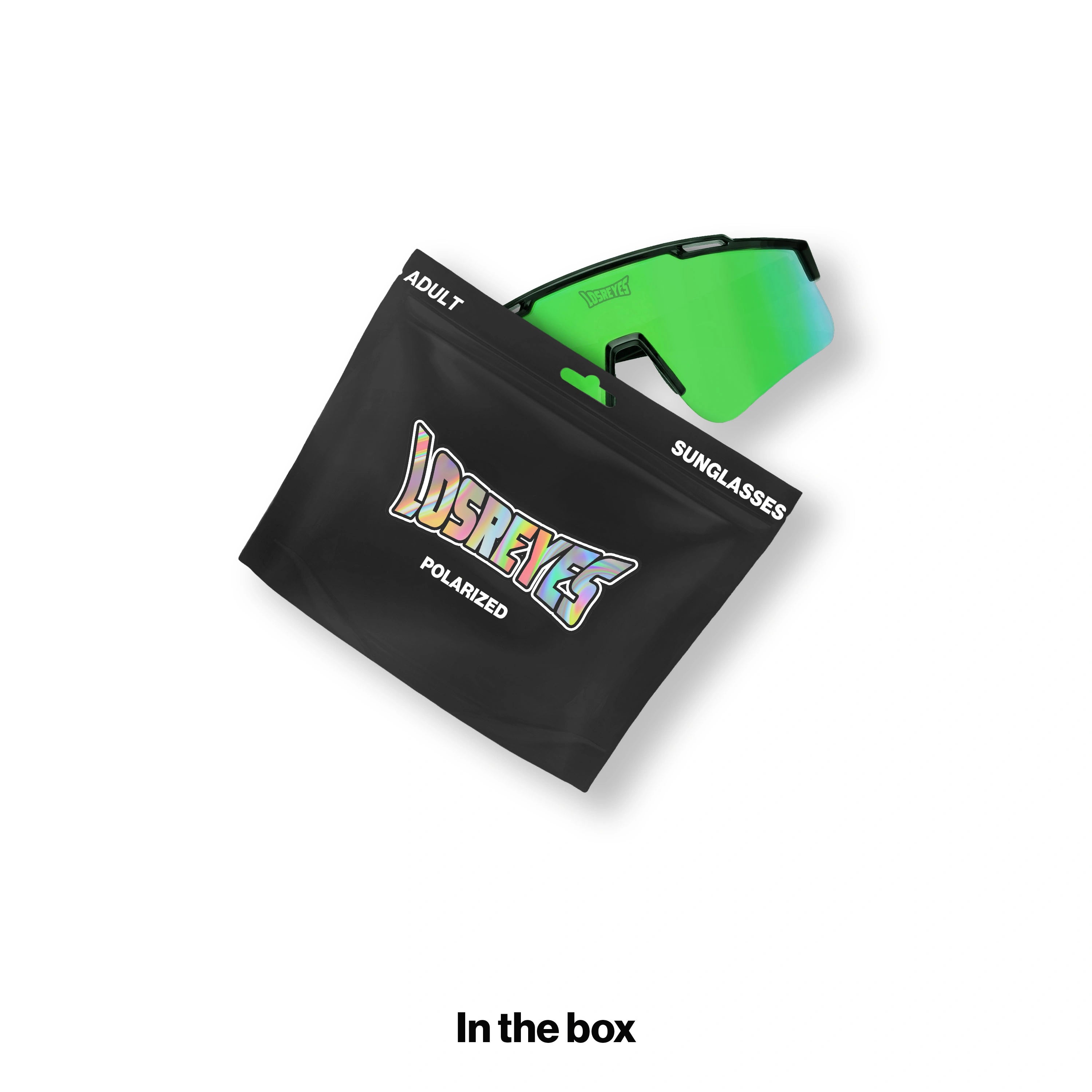 LosReyes PRIME Polarized mens sunglasses with a green mirrored lens next to the branded sunglasses pouch