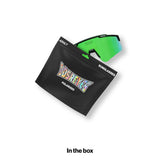 LosReyes PRIME Polarized mens sunglasses with a green mirrored lens next to the branded sunglasses pouch