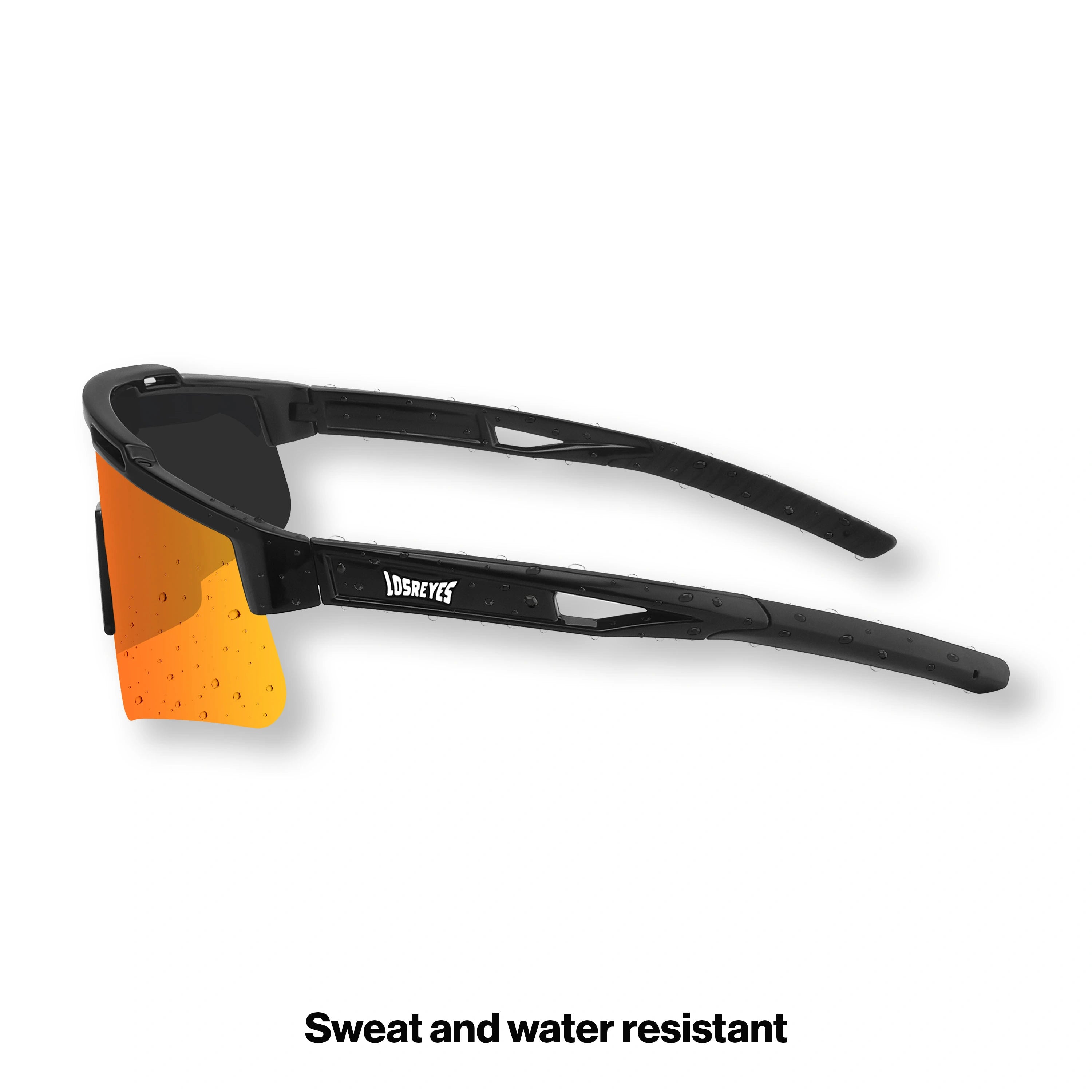 Side profile of LosReyes Prime Polarized Orange sports sunglasses featuring polarized orange mirrored lens and aerodynamic matte black arms – crafted for high-performance use in baseball, cycling, and training.