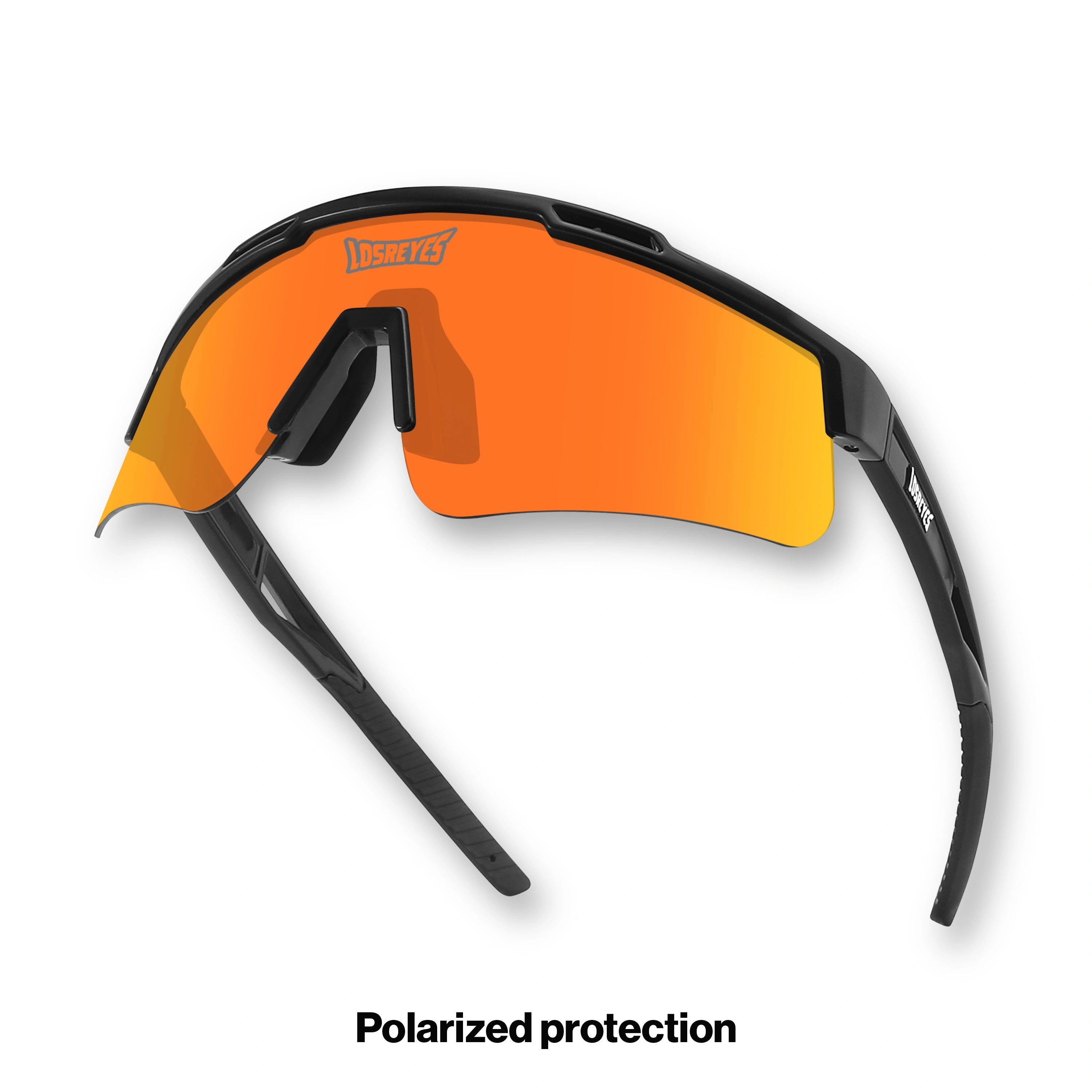 Hero angle of LosReyes Prime Polarized Orange sunglasses with polarized orange shield lens, matte black wraparound frame, and rubberized temples for peak UV protection and performance in high-speed sports.