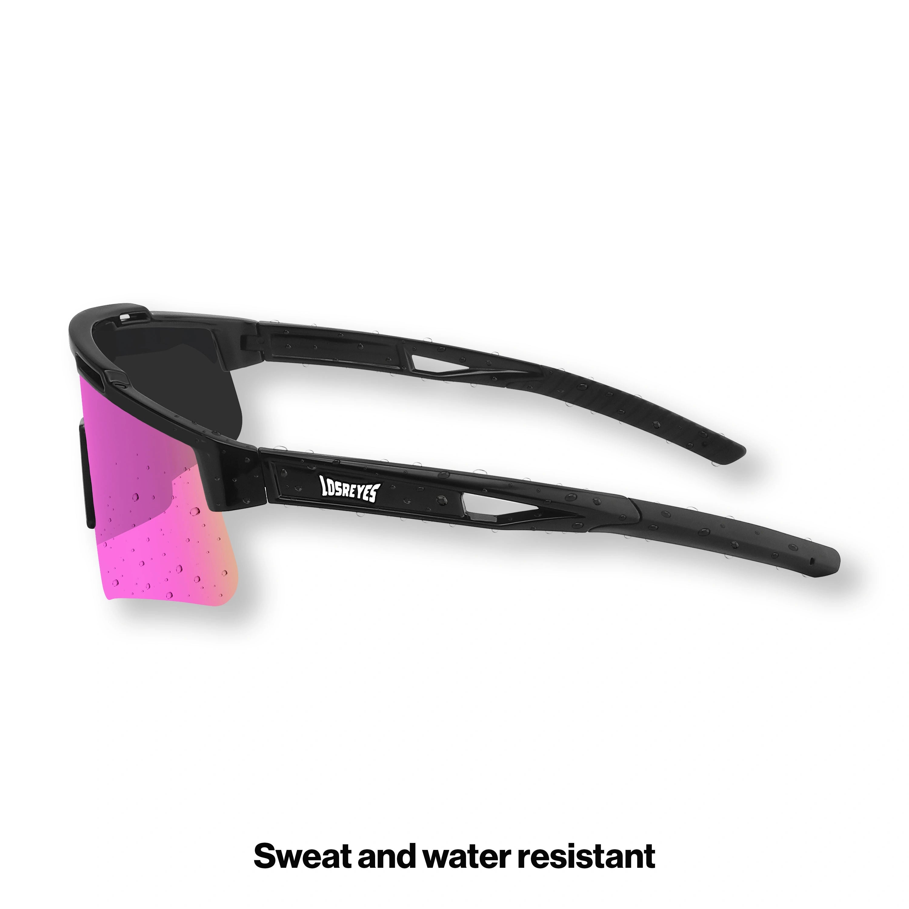 Side profile of LosReyes Prime Polarized Pink performance sunglasses featuring aerodynamic black arms, lightweight curved temples, and glare-reducing polarized lenses for running, cycling, and training under full sunlight.