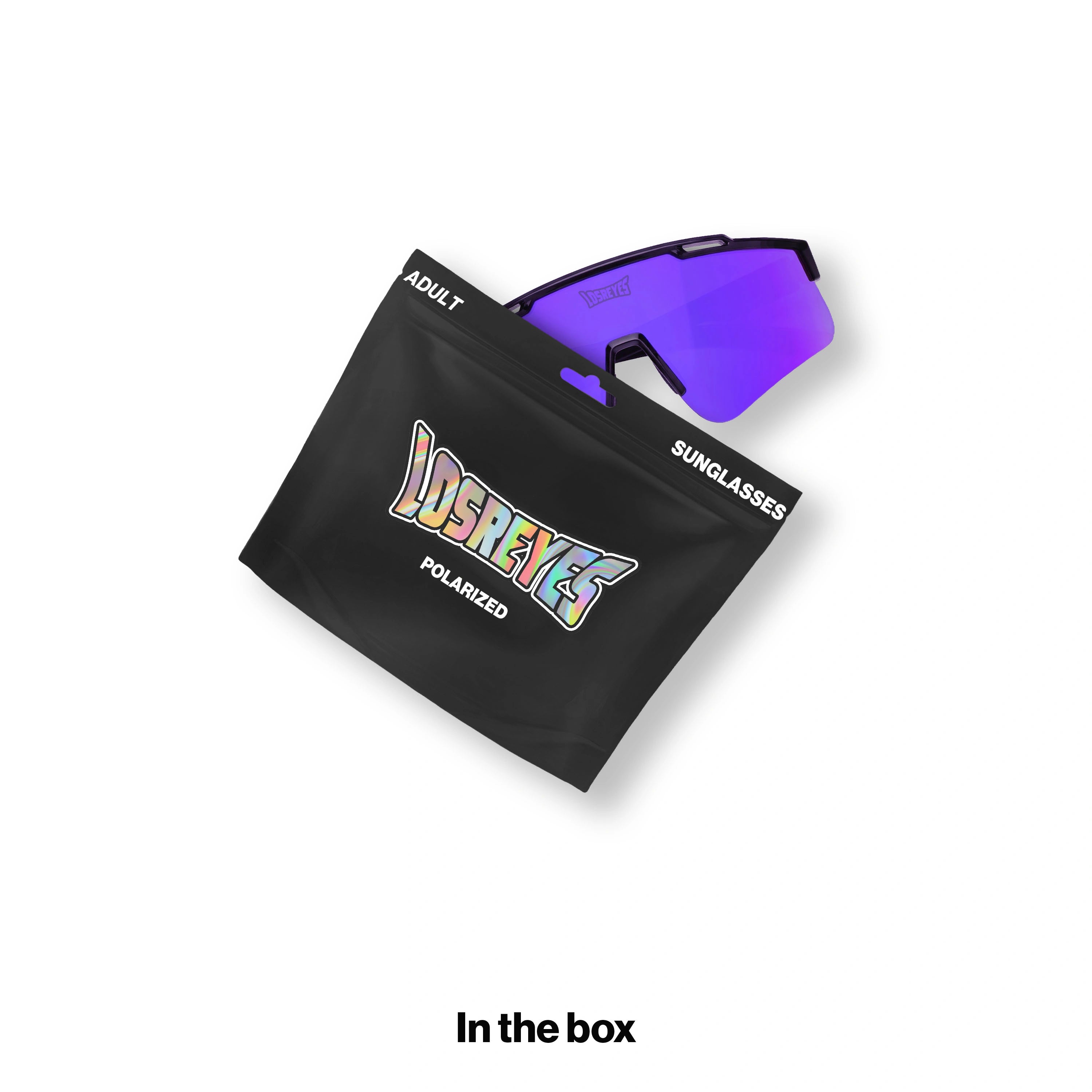 LosReyes PRIME Polarized mens sunglasses with a purple mirrored lens and its branded sunglasses pouch