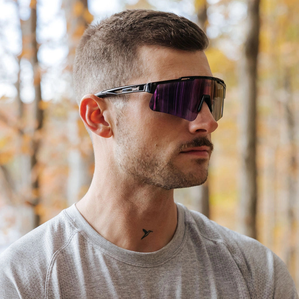 LosReyes Prime Polarized Purple sunglasses with anti-fog mirrored lens; designed for trail runners, gym training, and active lifestyle performance.