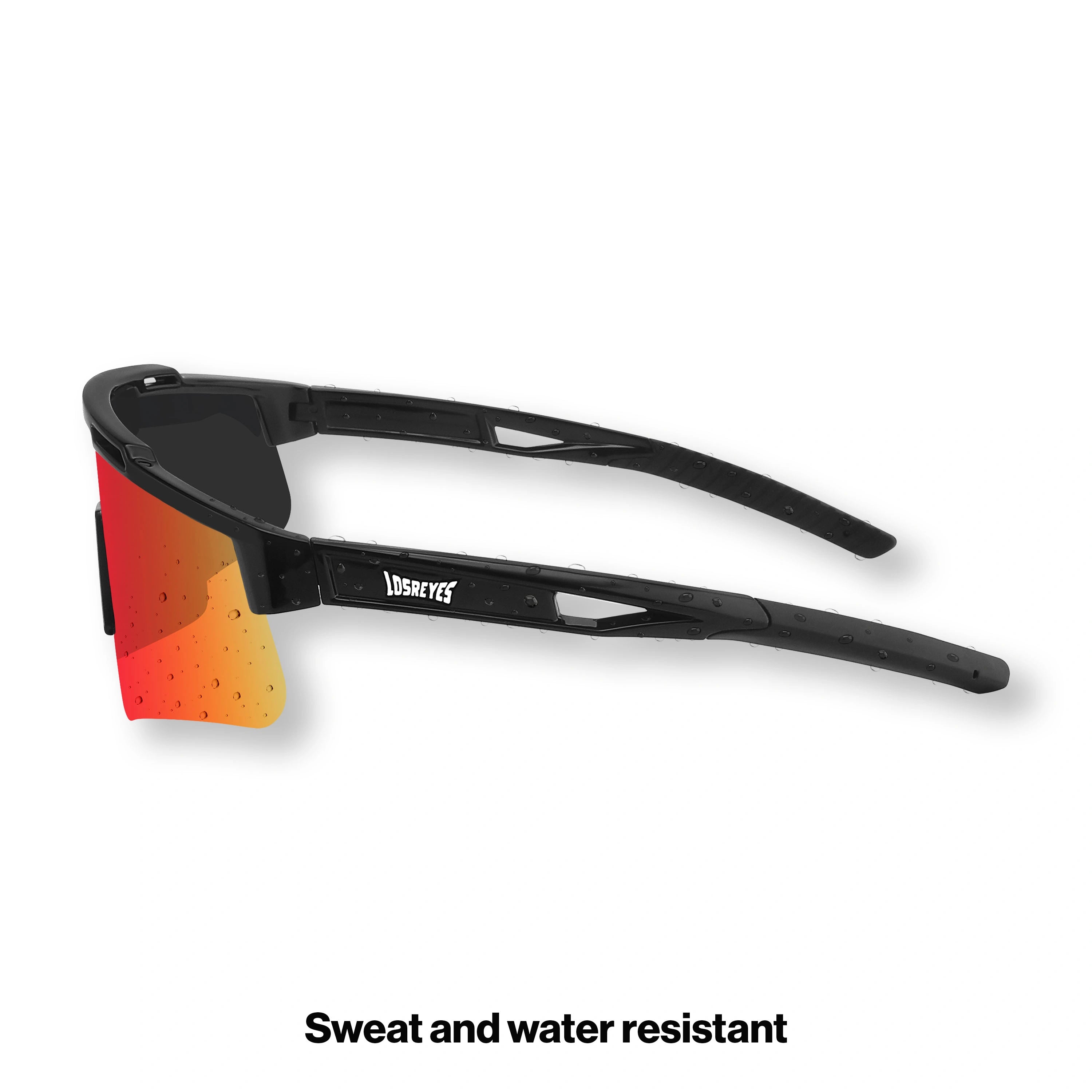 Side profile of LosReyes Prime Polarized Red athletic sunglasses showcasing ergonomic black arms, vented temple tips, and performance-grade polarized lens with full-face wrap coverage — ideal for sprinting, training, and outdoor competition.