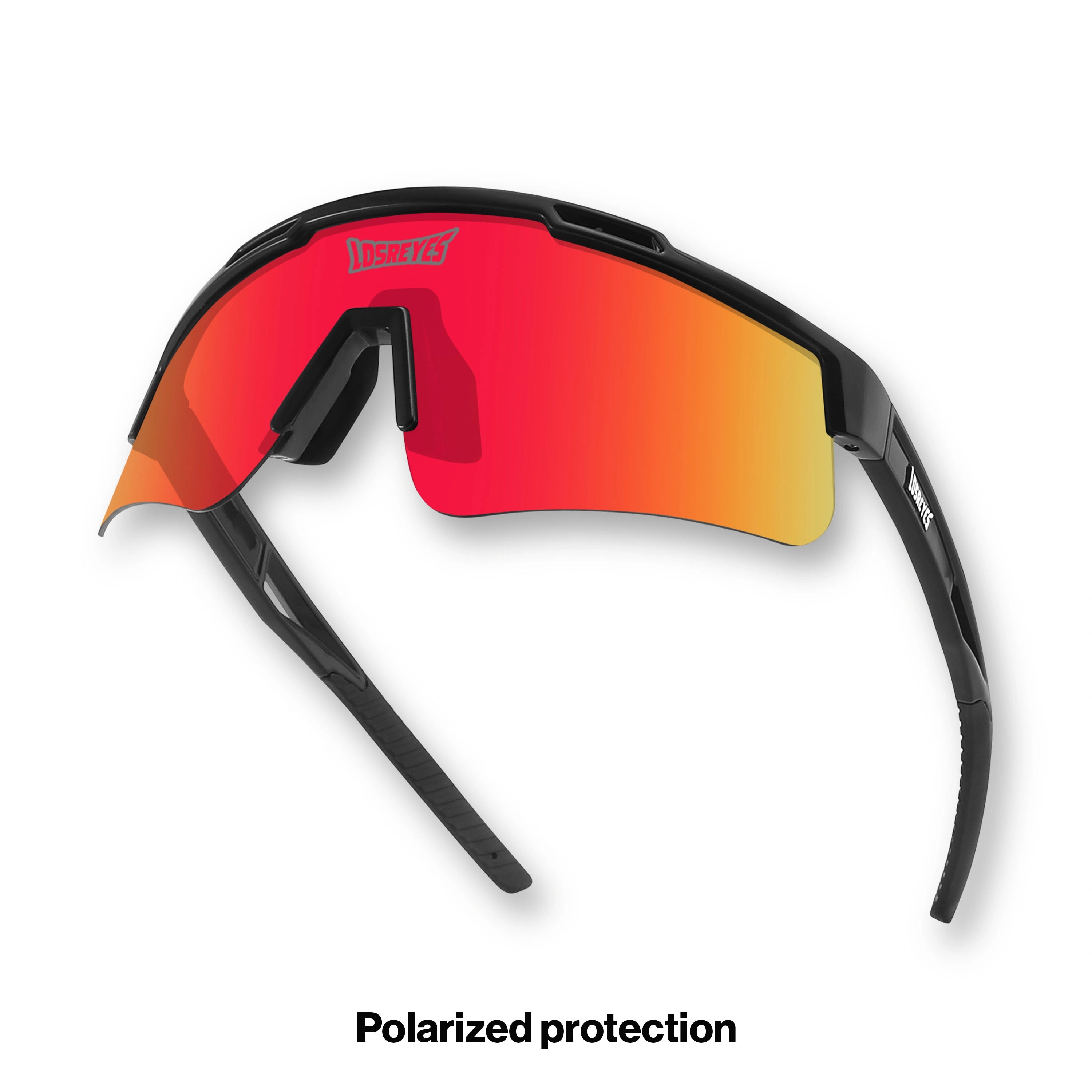 Hero angle of LosReyes Prime Polarized Red wraparound sunglasses with high-contrast red polarized shield lens, lightweight sport-fit frame, and anti-glare coating designed for intense sunlight, field performance, and high-mobility movement.