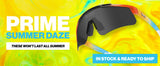 LosReyes PRIME Summer Daze collections banner featuring the Prime sport sunglasses with a red-to-blue fade frame and smoke lens on a vibrant yellow swirl background, with "these won't last all summer" and "in stock & ready to ship" callouts