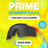 LosReyes PRIME Summer Daze mobile banner showing the Prime sport sunglasses with a red-to-blue fade frame and smoke lens on a bright yellow swirl background, with "shop now" and "in stock & ready to ship" callouts