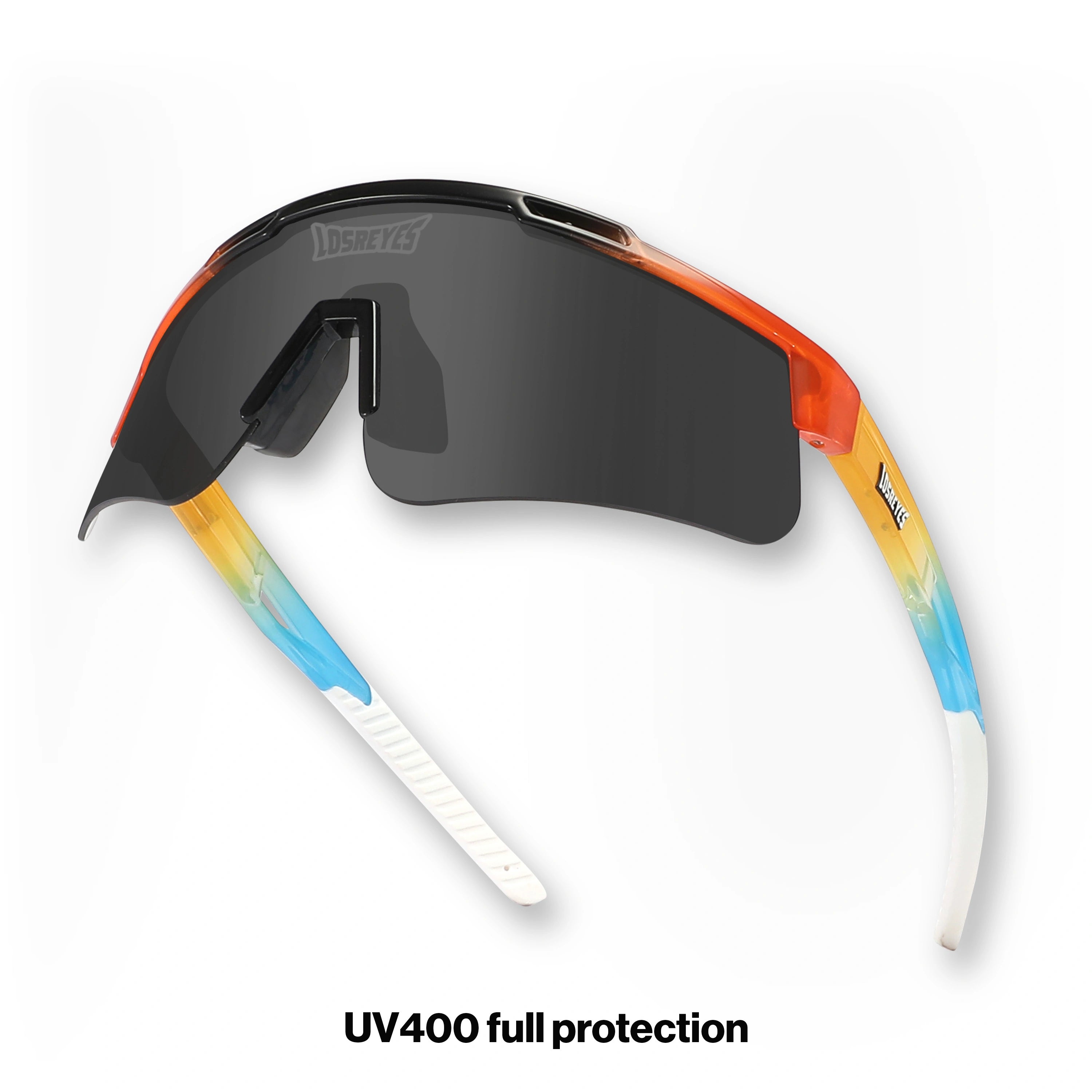 Rear view of LosReyes Prime Summer Drop limited edition sunglasses with sunset gradient frame and smoke lens