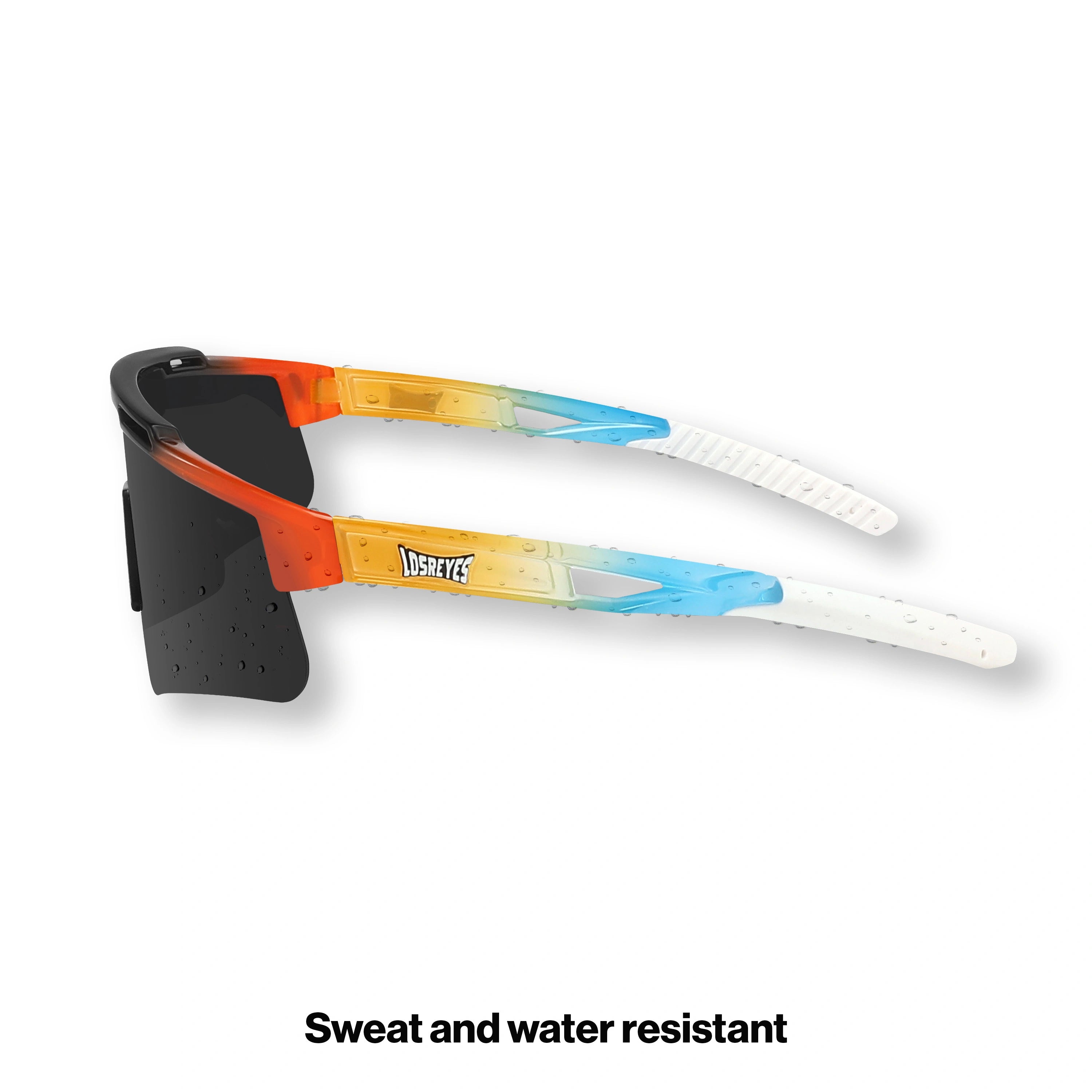 Side profile of LosReyes Prime Summer Drop sunglasses showing orange-to-blue gradient temples and dark lens