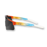 Side profile of LosReyes Prime Summer Drop sunglasses showing orange-to-blue gradient temples and dark lens