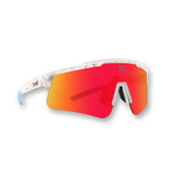 LOSREYES Prime USA 250 Limited Edition sunglasses with white red and blue speckle frame, red mirror lens, and light blue tips, front three-quarter view