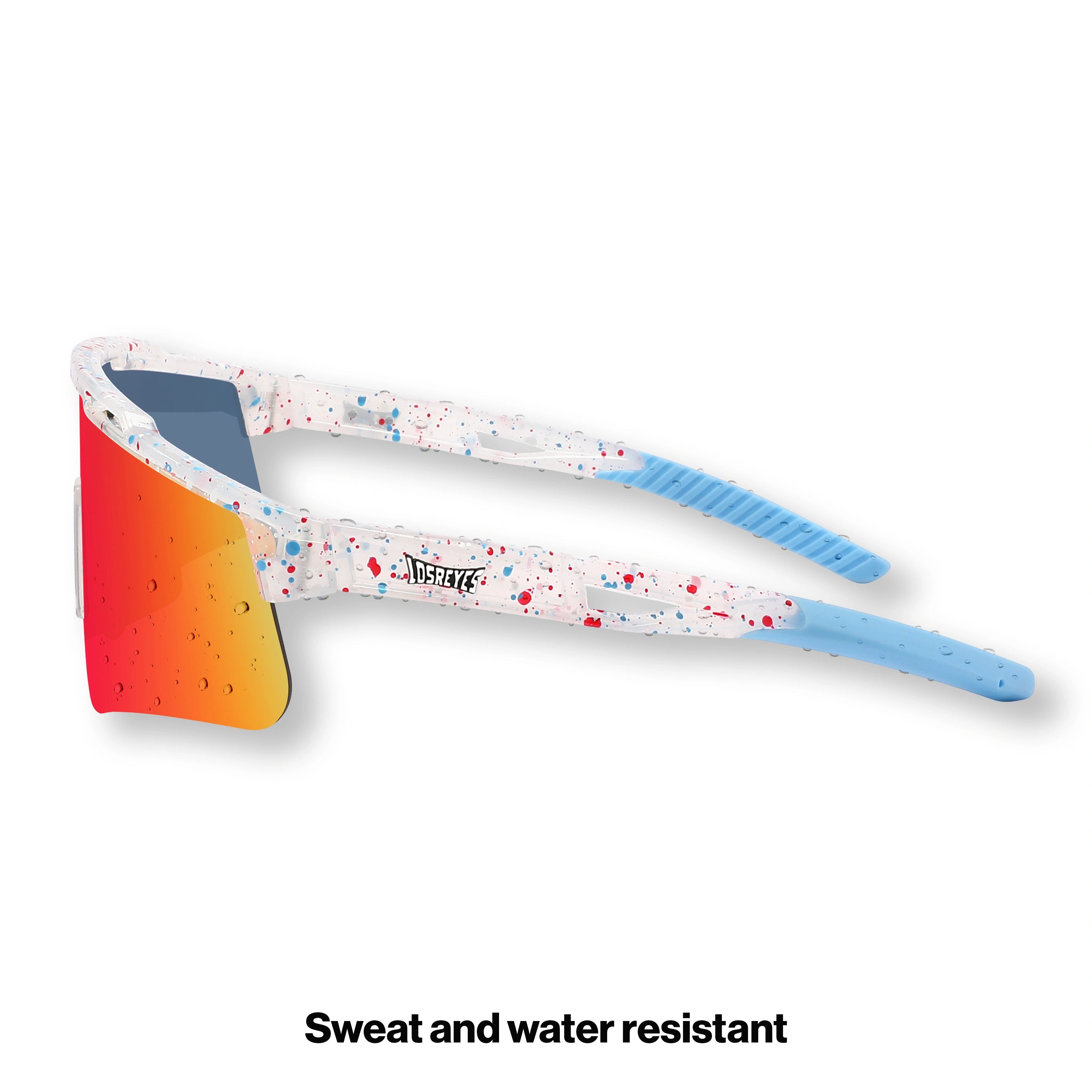 LOSREYES Prime USA 250 Limited Edition sunglasses with white red and blue speckle frame, red mirror lens, and light blue tips, side profile view