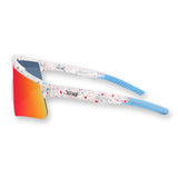LOSREYES Prime USA 250 Limited Edition sunglasses with white red and blue speckle frame, red mirror lens, and light blue tips, side profile view